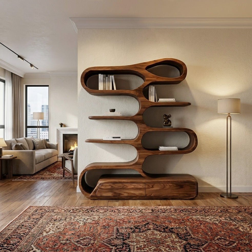 Minimalist Sculptural Bookshelf With Rounded Compartments For Reading Room
