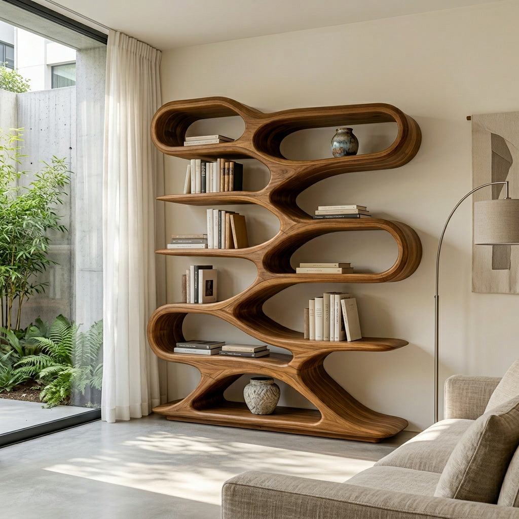 Organic Sculptural Wood Bookcase For Living Room Decor