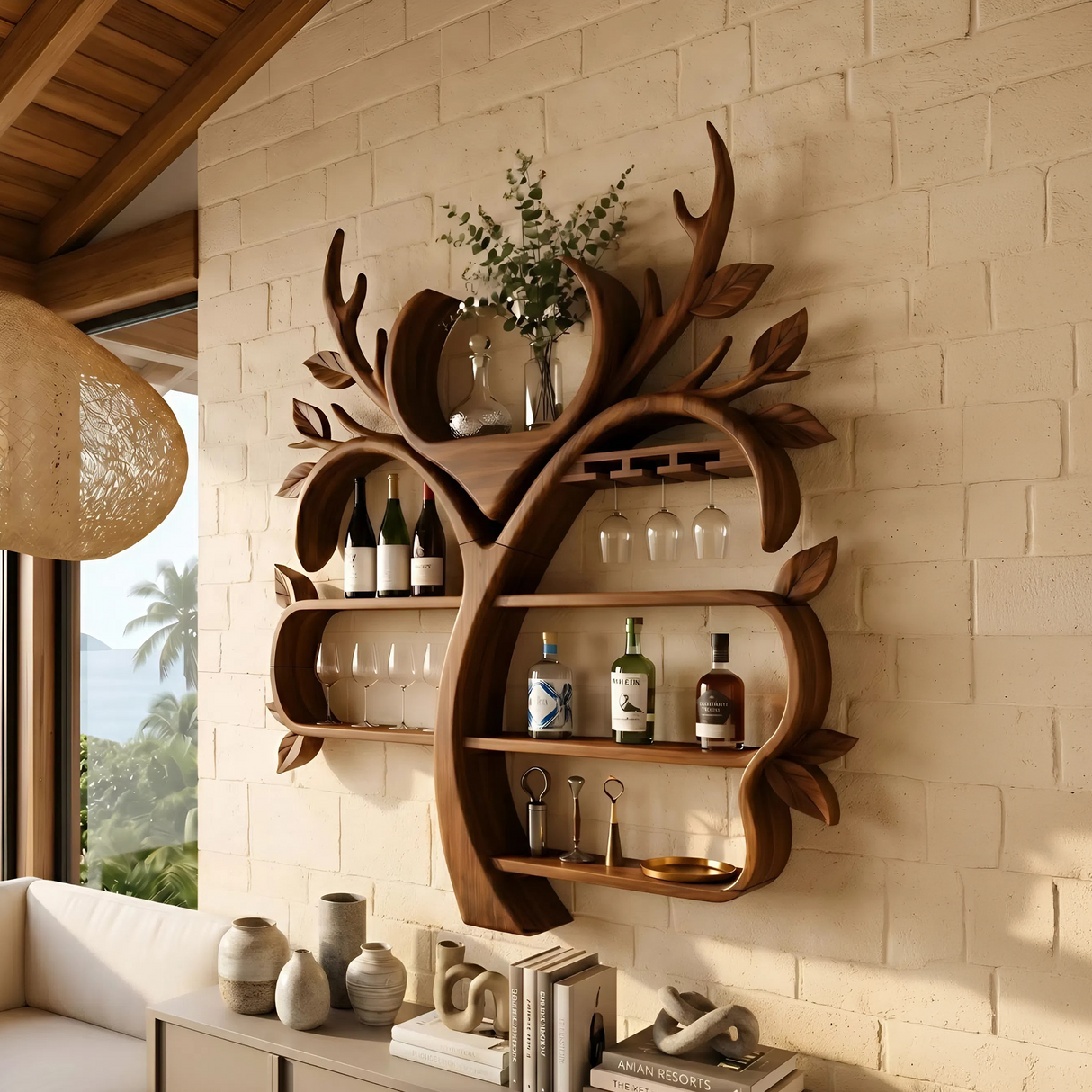 Resort Style Tree Inspired Wine Bar Shelf For Living Room