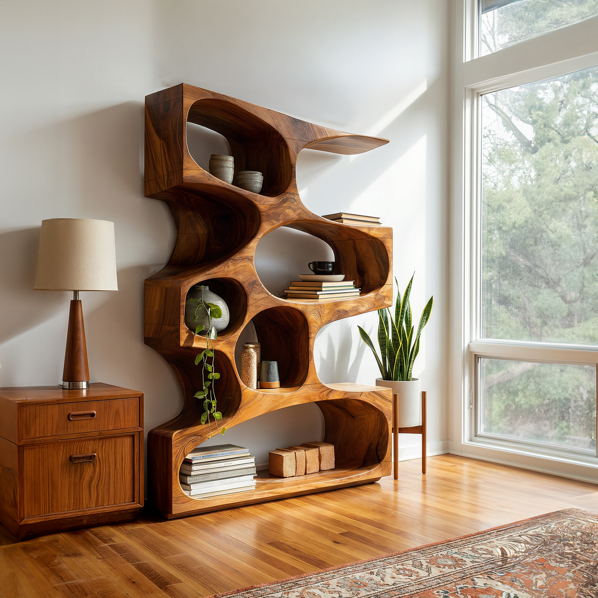 Mid Century Modern Wavy Bookshelf Bedroom Corner Storage