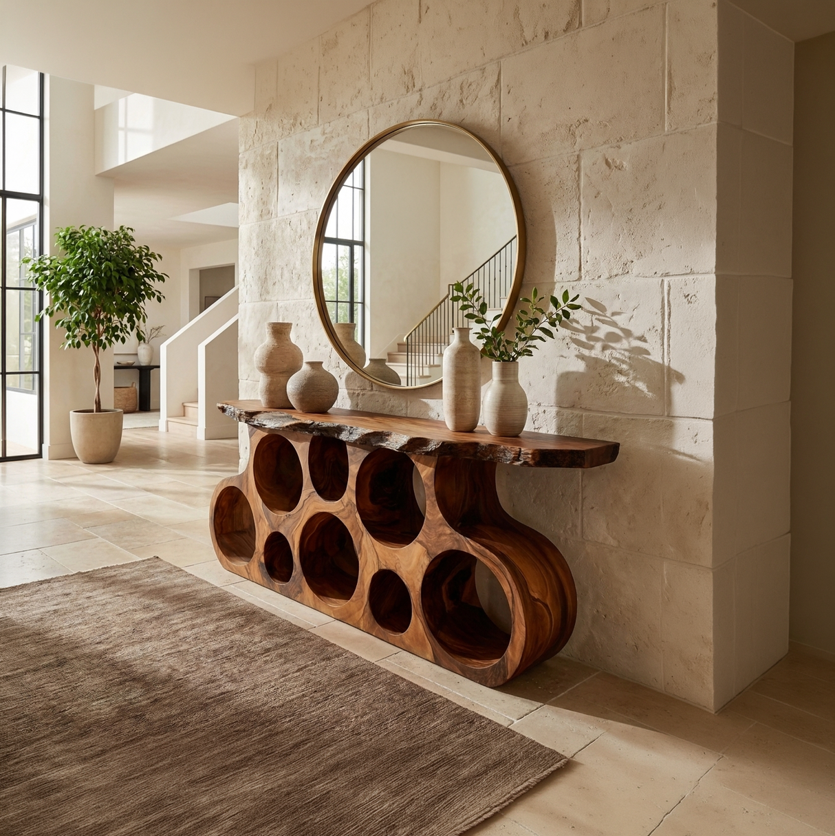 Wooden Console Table With Round Cutout Base For Living Decor