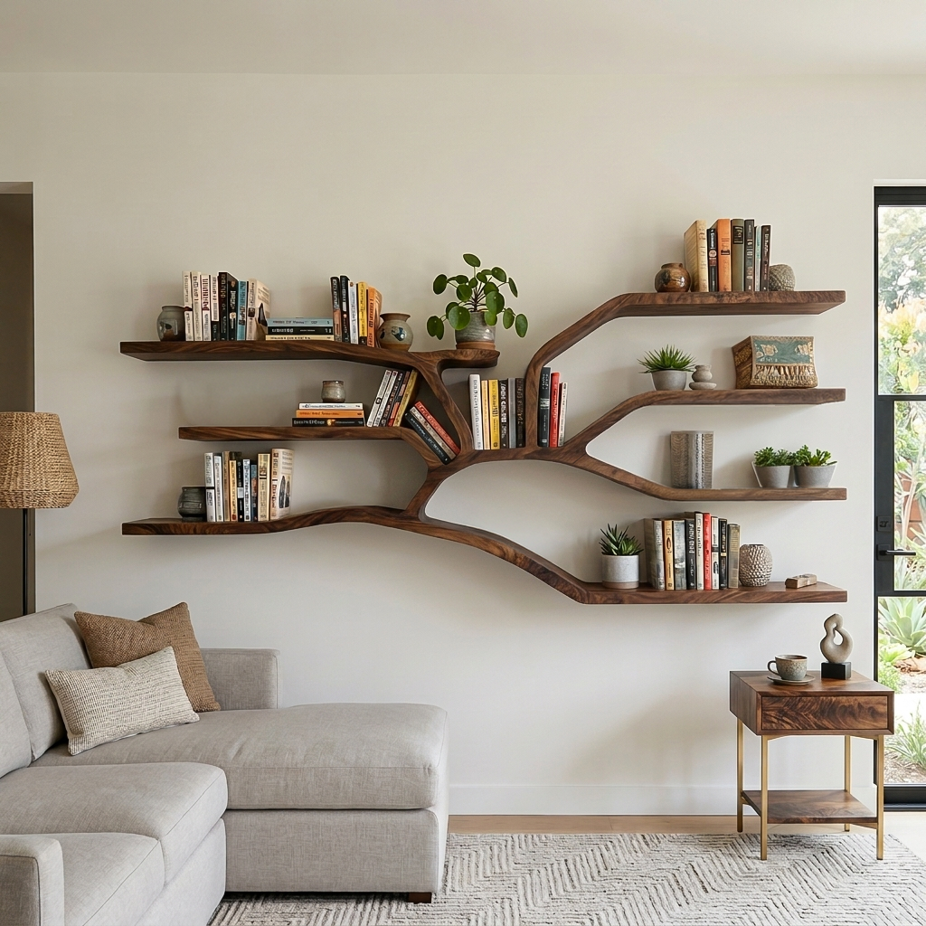 Handcrafted Sculptural Wooden Bookshelf For Living Room Decor