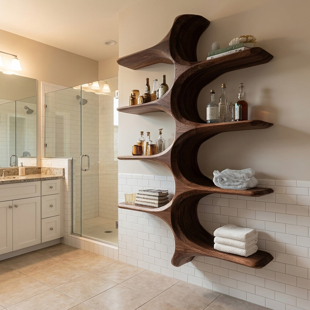 Organic Sculptural Natural Wood Bathroom Shelf For Spa
