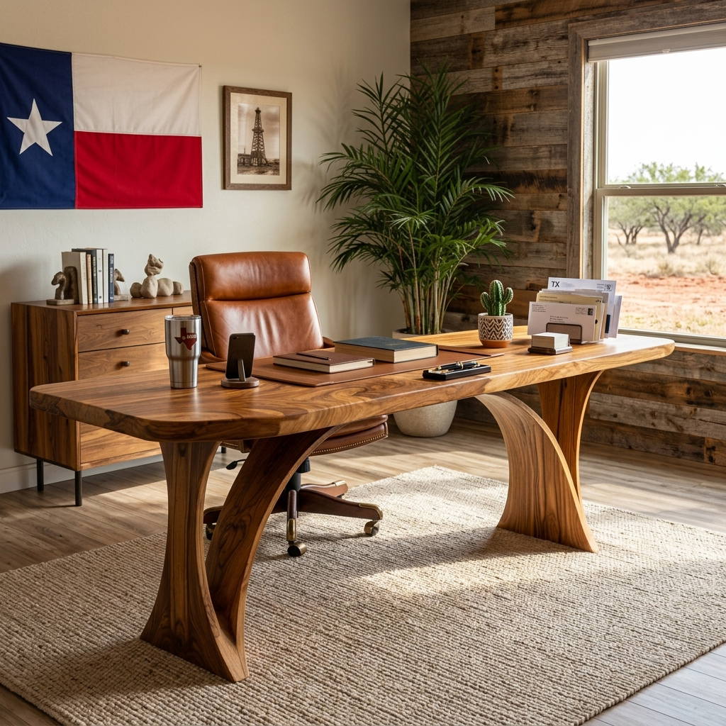 Handmade Wooden Desk With Unique Curved Base For Workspace