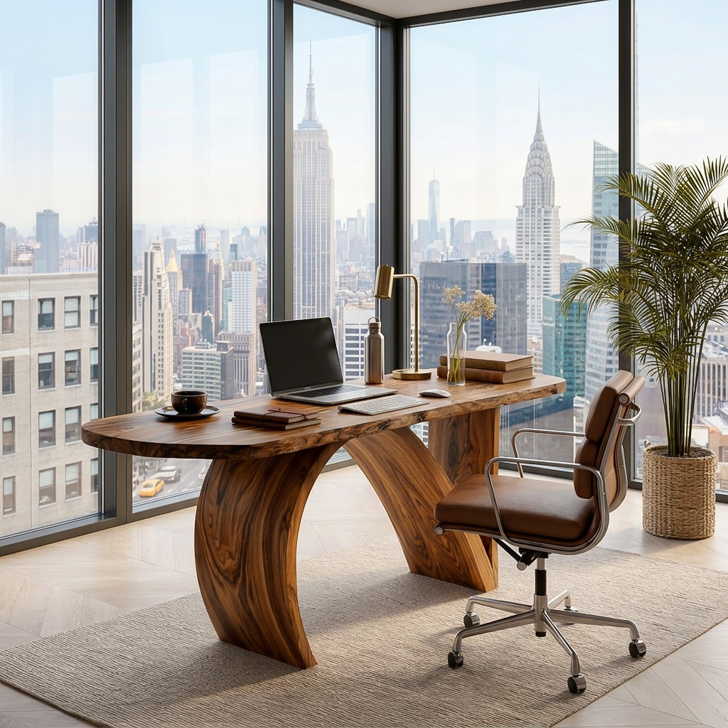 Contemporary Wooden Desk With Artistic Base For Home Workspace