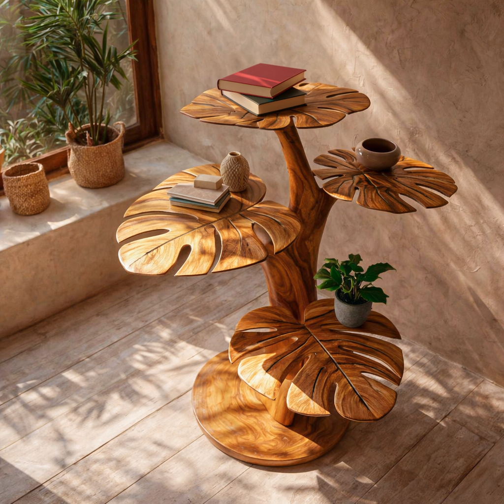 Handmade Wood Side Table With Leaf-shape Tabletop For Lounge