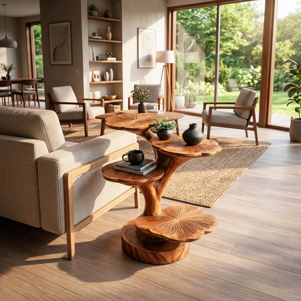 Wooden Accent Table Leaf Inspired Design For Sofa Area