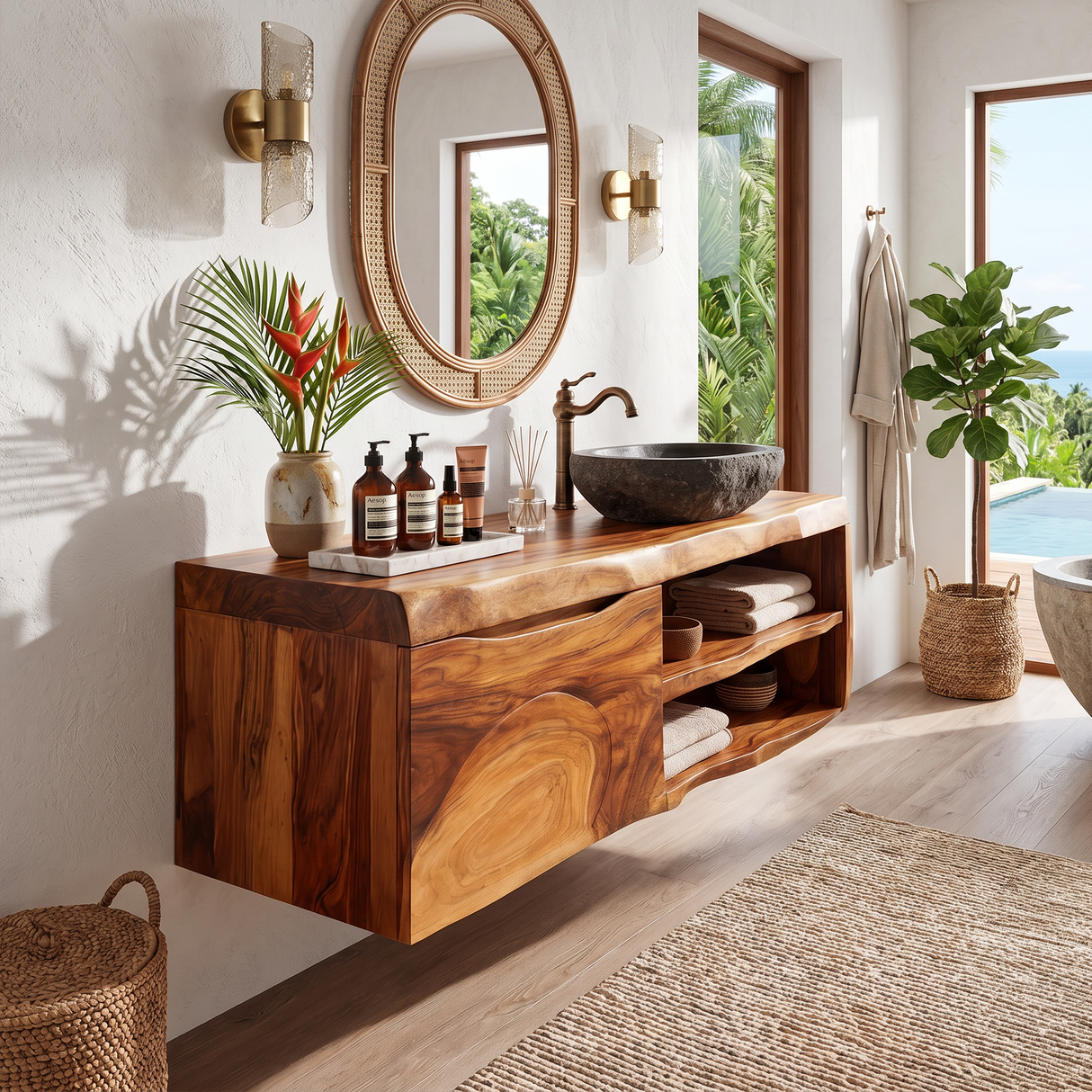 Organic Floating Bathroom Vanity Tropical Spa Retreat