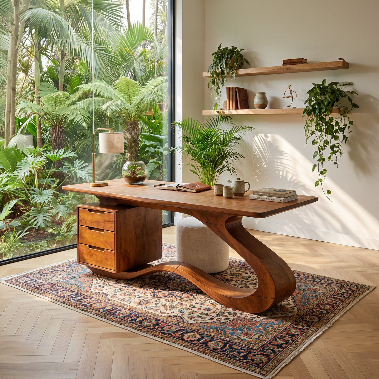 Modern Streamline Desk With Storage Cabinet For Workspace