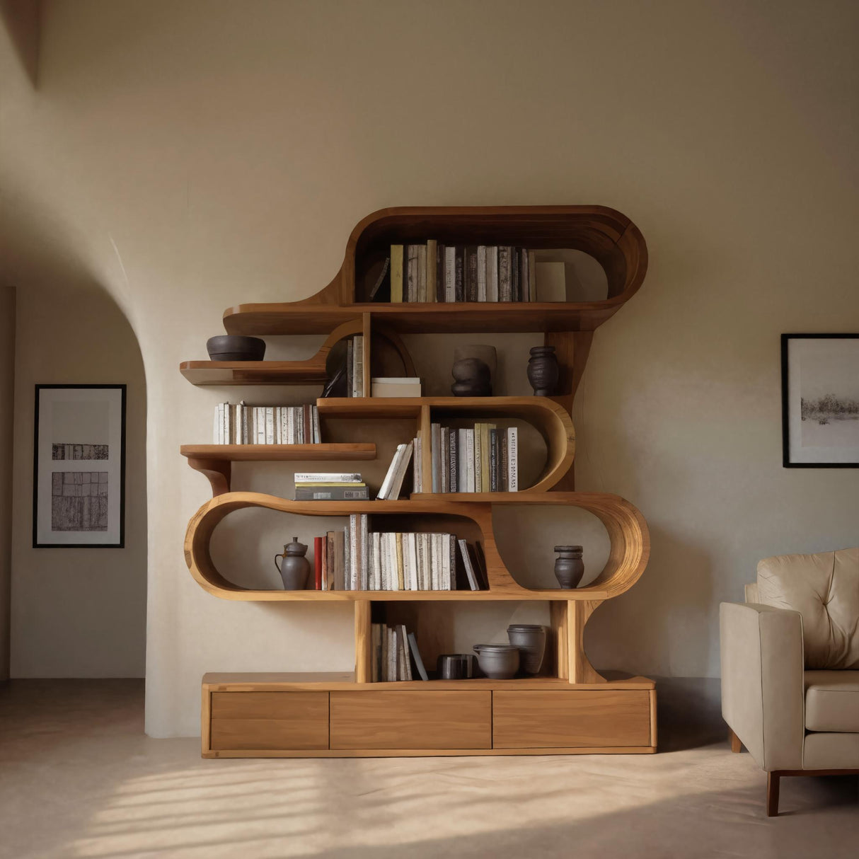 Modern Sculptural Bookshelf With Curved Design For Living Room Or Office