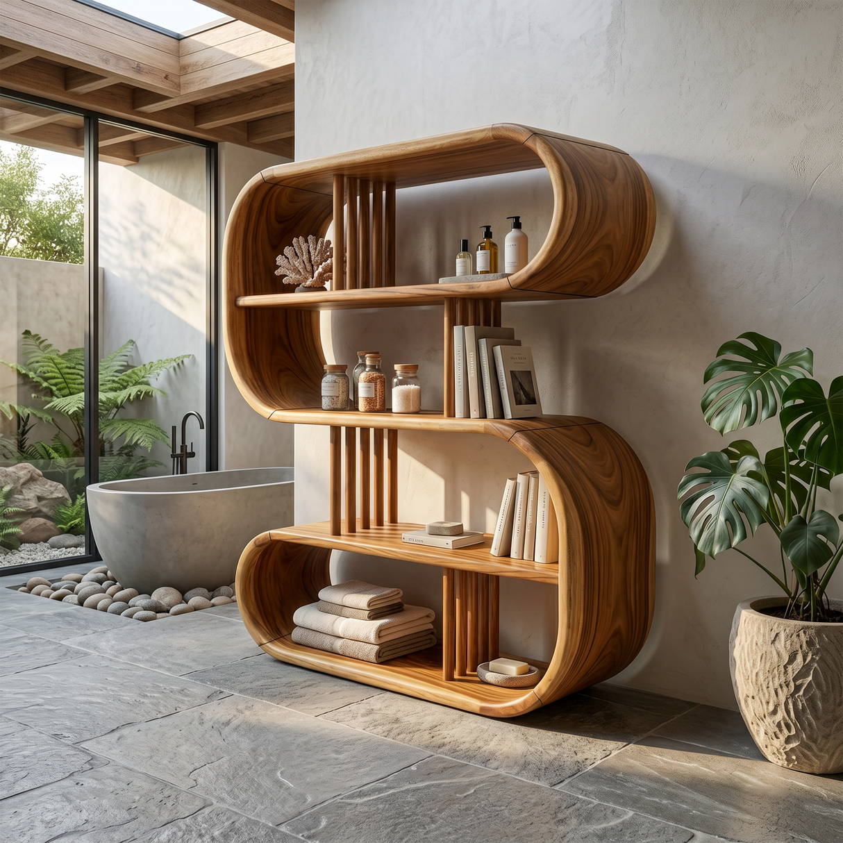 Elegant Curved Wooden Bathroom Shelf With Spa Inspired Design