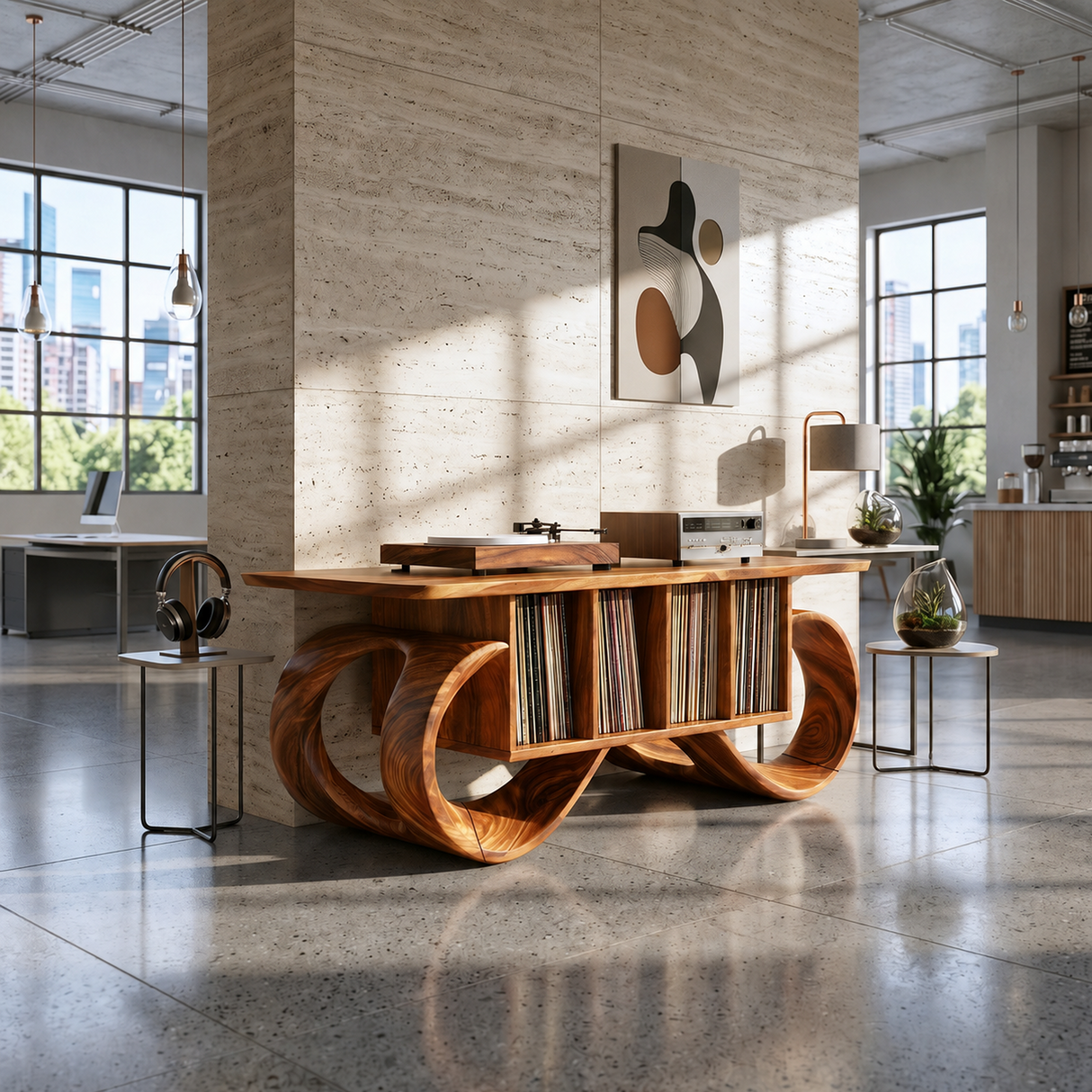 Sculptural Loop Record Player Console Creative Studio