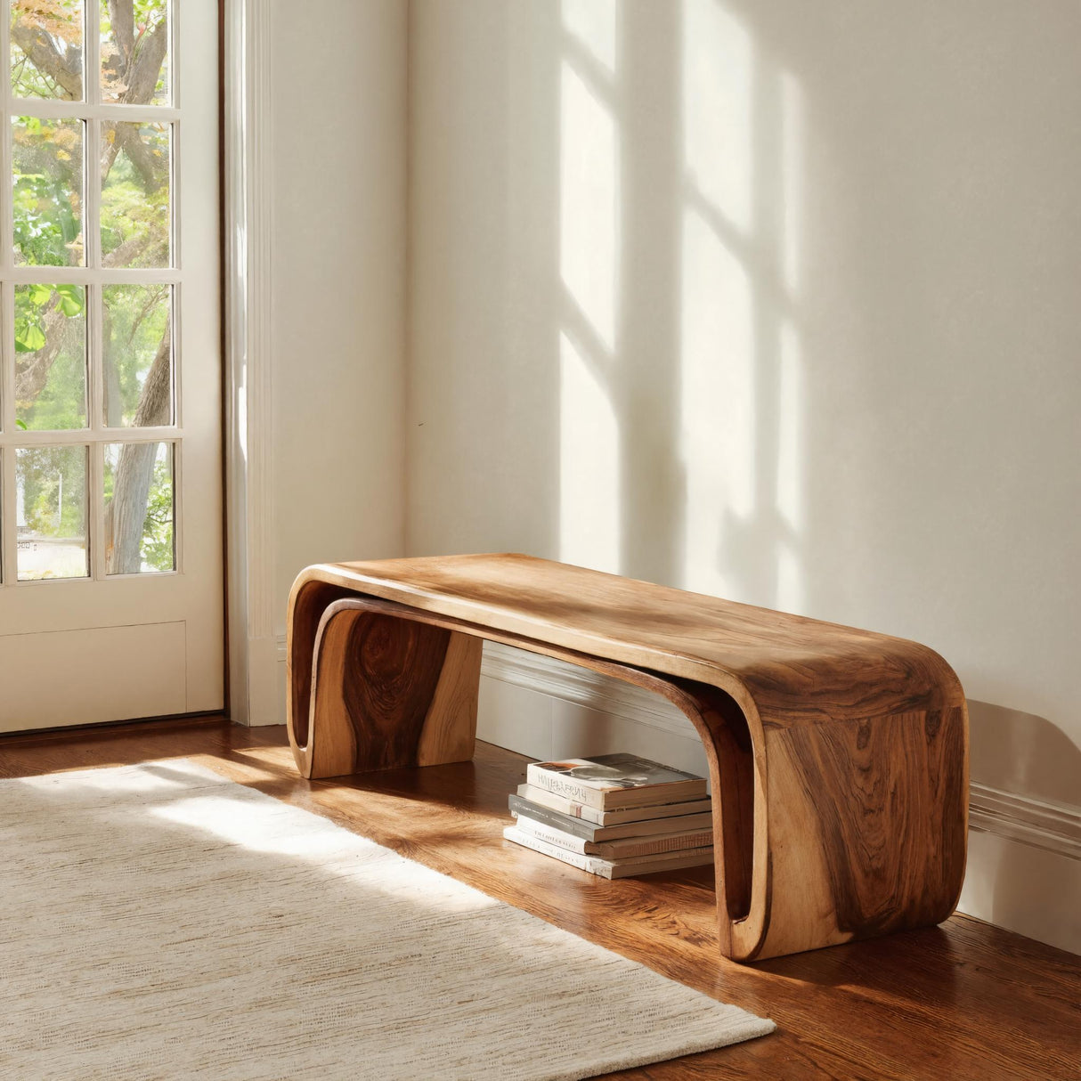 Organic Wood Bench With Unique Curved For Hallway