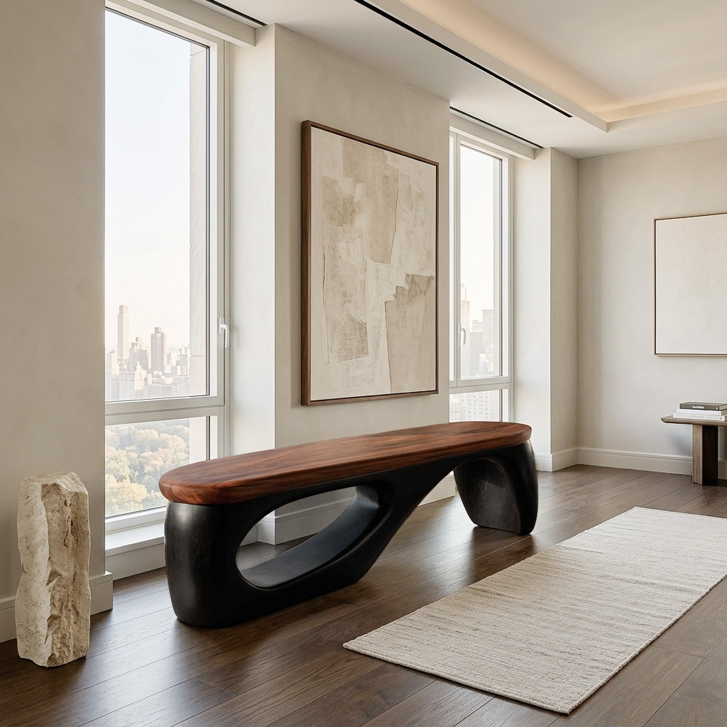 Organic Wooden Bench With Curved Black Base For Home