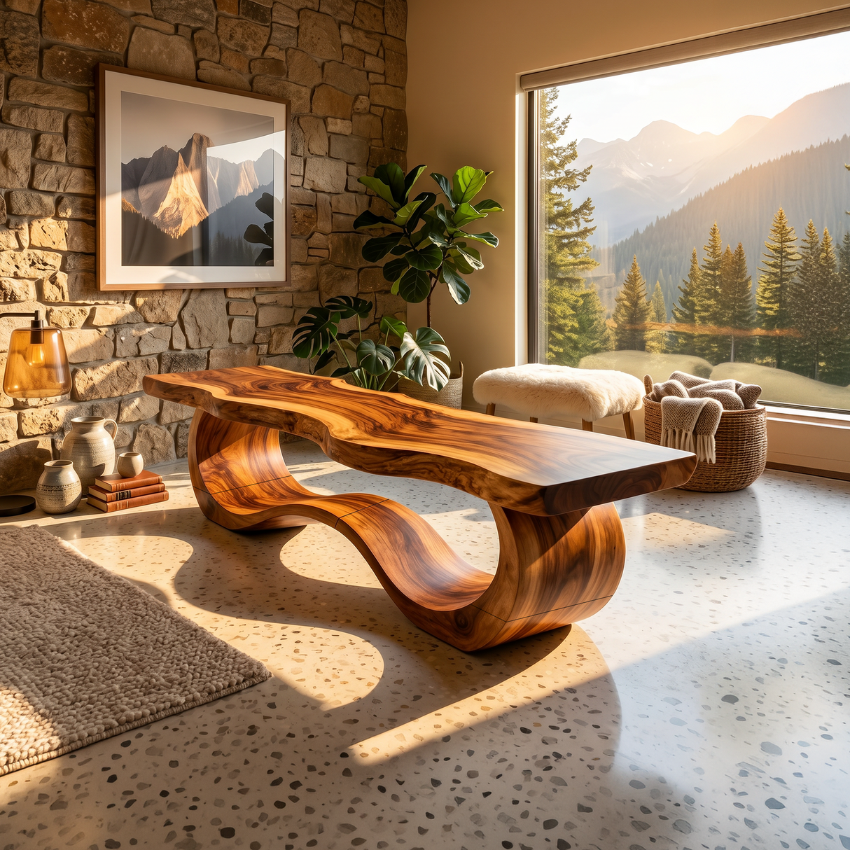 Modern Live Edge Wave Bench For Patio Interior Area