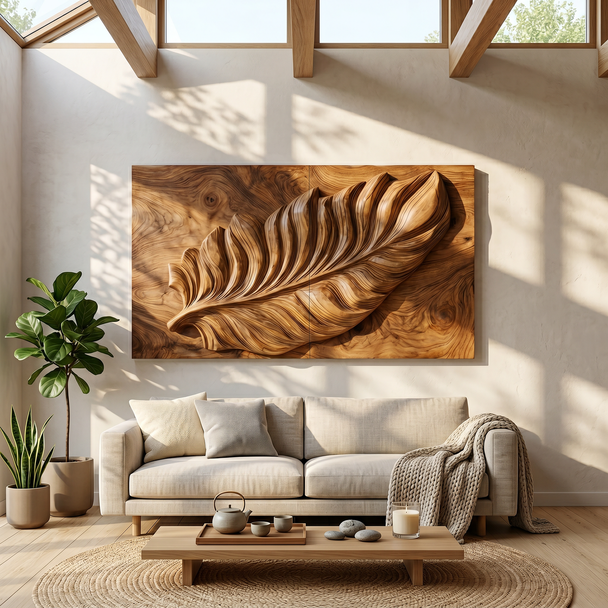 Nature Wall Art With Carved Leaf Design For Living Room