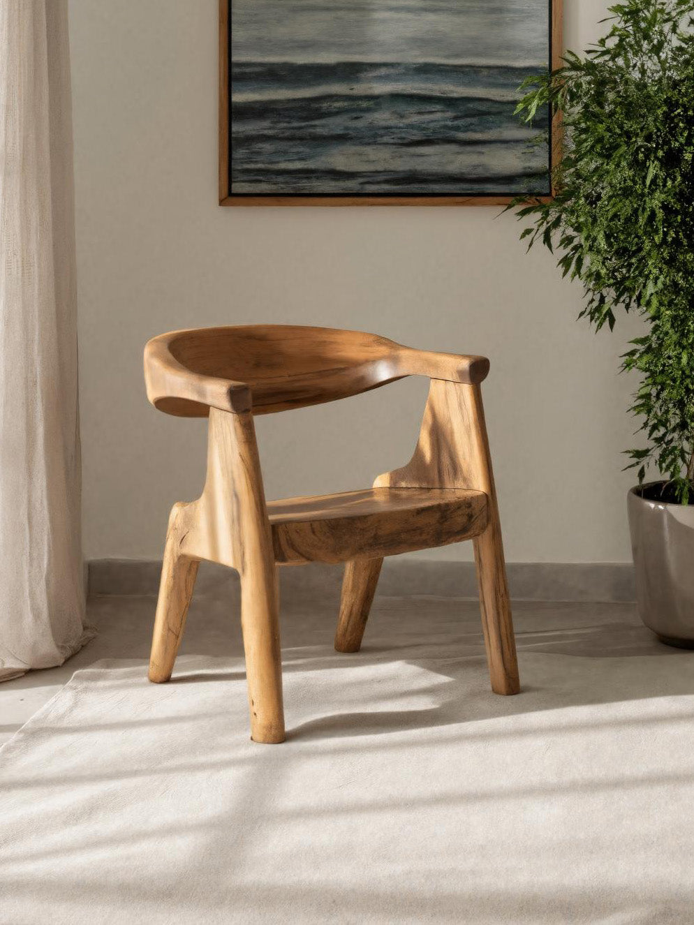 Sculptural Armchair With Curved Backrest For Living Room