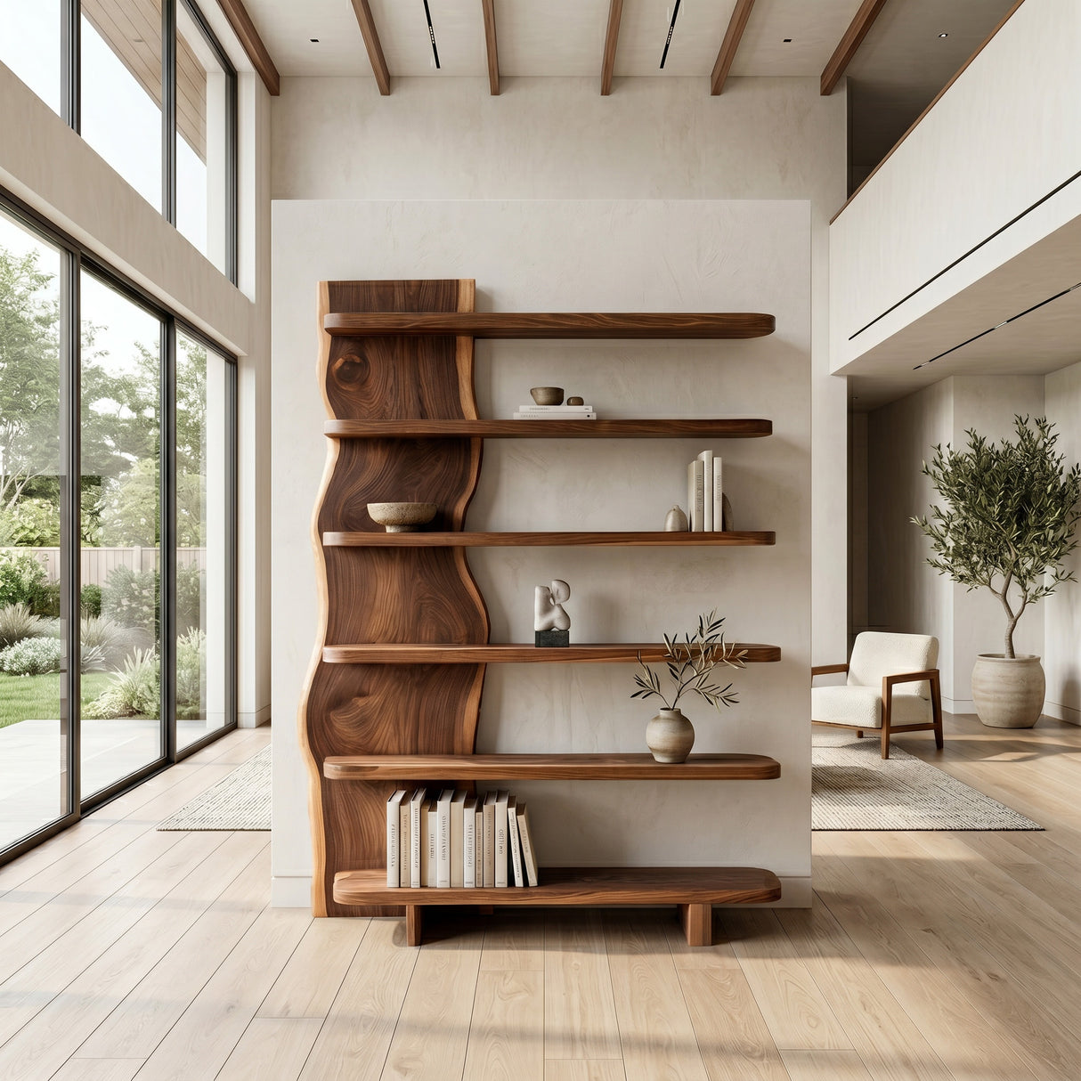 Modern Organic Wooden Standing Shelf For Lounge Area