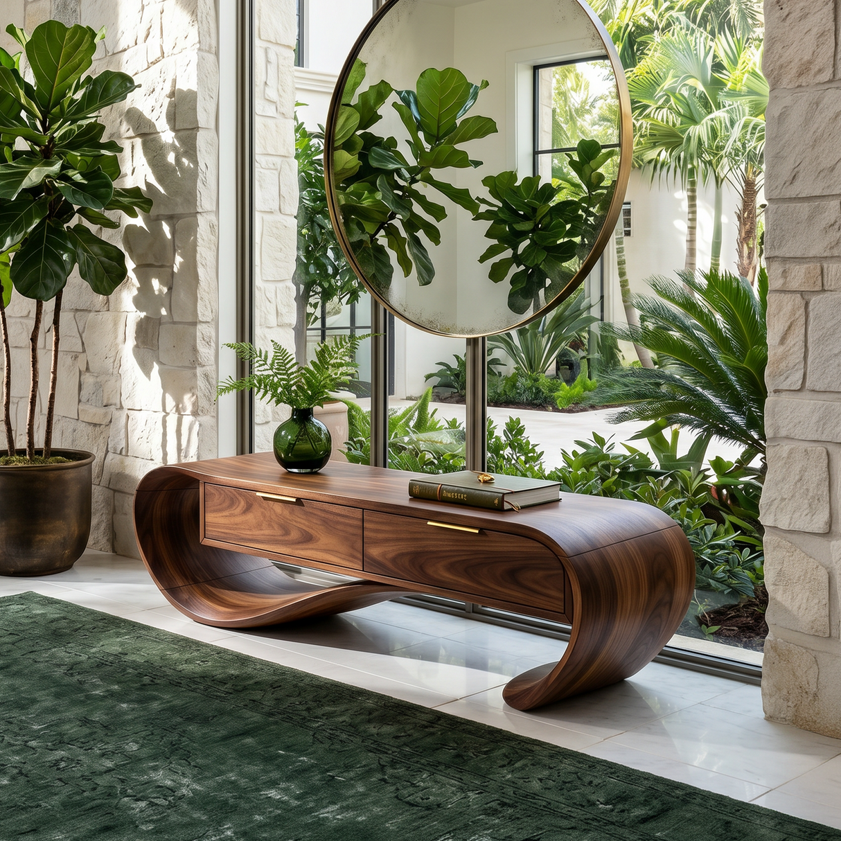 Contemporary Curved Bench With Drawer Storage For Entryway Interior