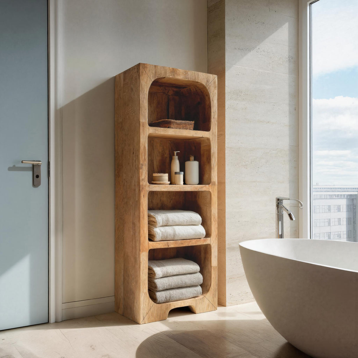 Minimalist Wooden Bathroom Cabinet With Four Tiers For Interior Decor