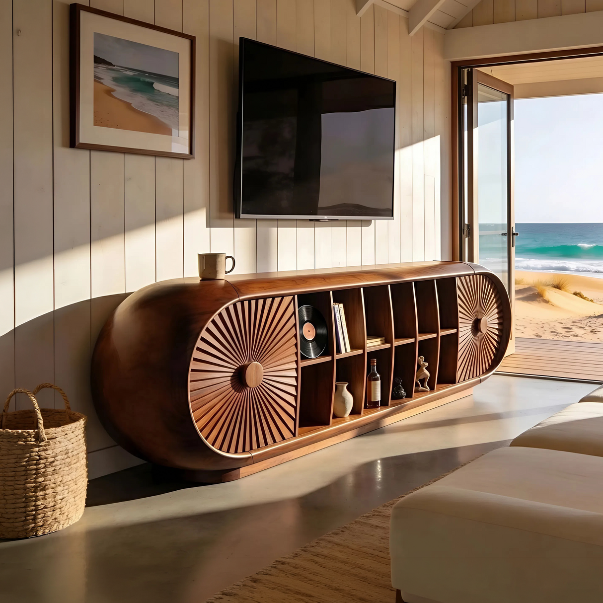 Scandinavian Organic TV Cabinet For Coastal Interior Space