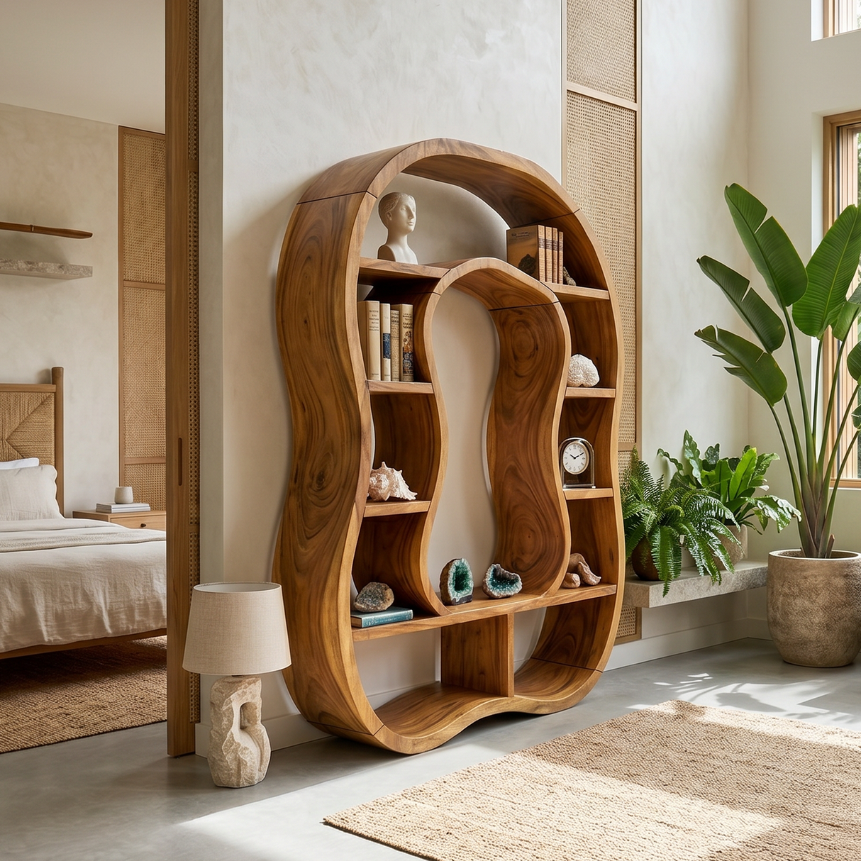 Sculptural Wooden Bookcase With Organic Open Design