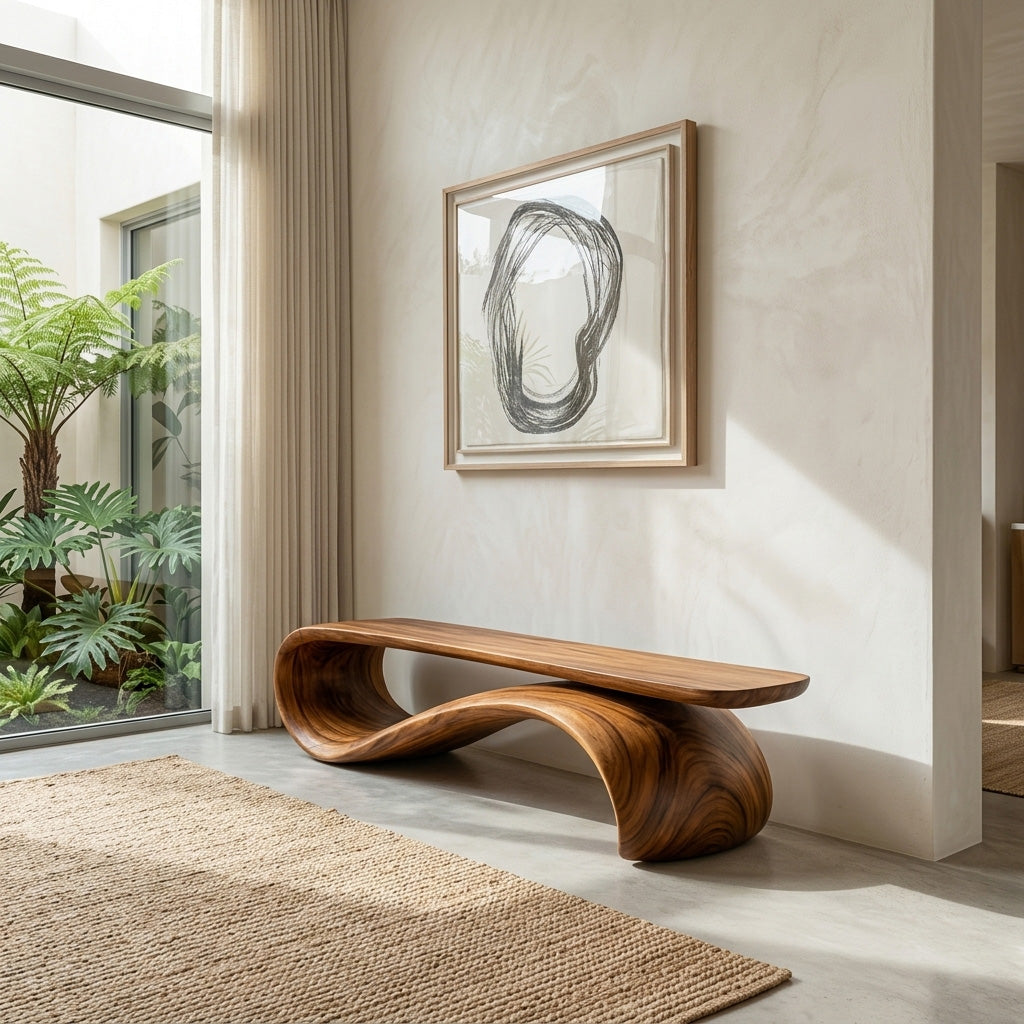 Modern Sculptural Wood Bench For Hallway Accent Decor