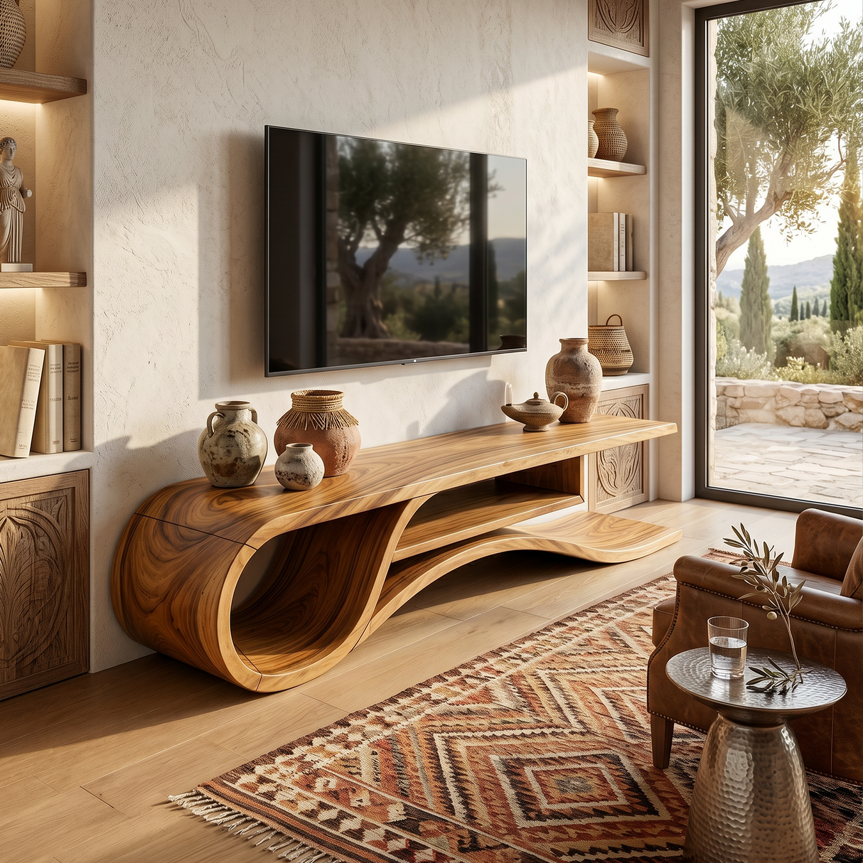 Rustic Curved Media Console For Mediterranean Interior