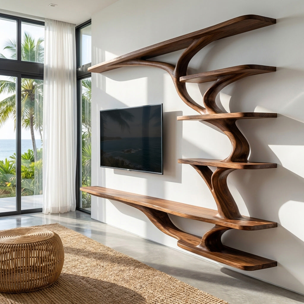 Modern Wood Wall Mounted TV Shelf For Home Style