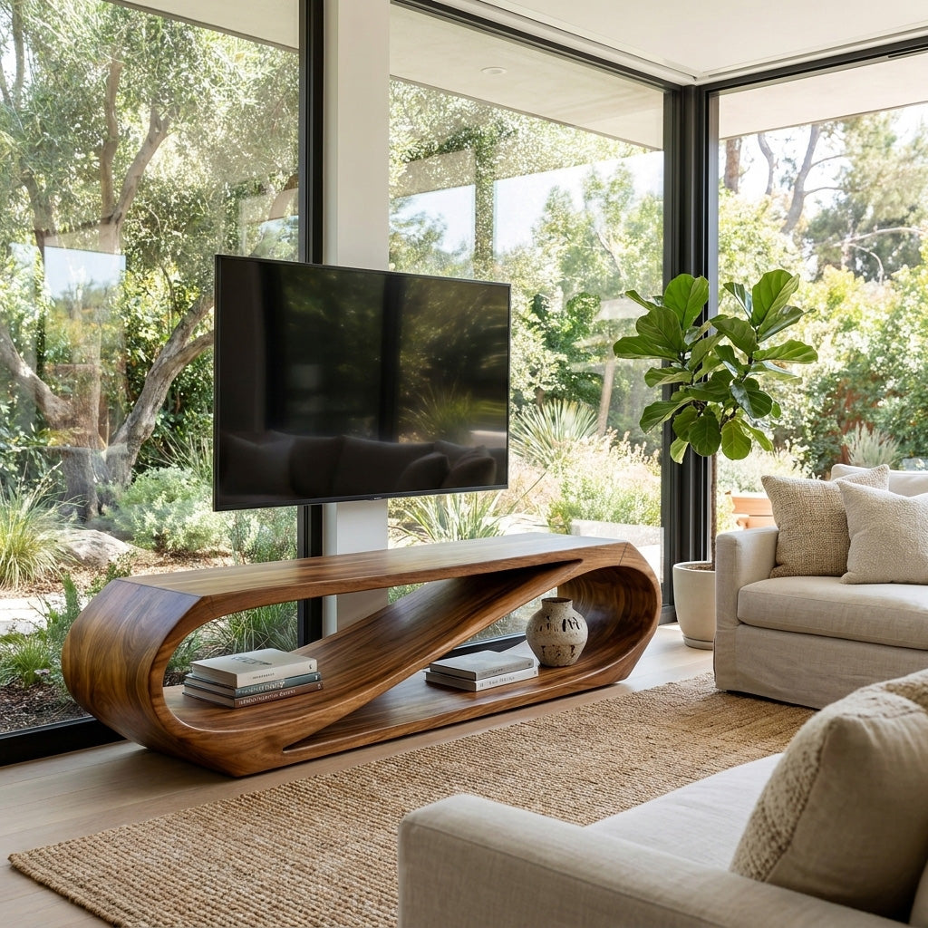Sculptural Natural Wood TV Console For Modern Living Room