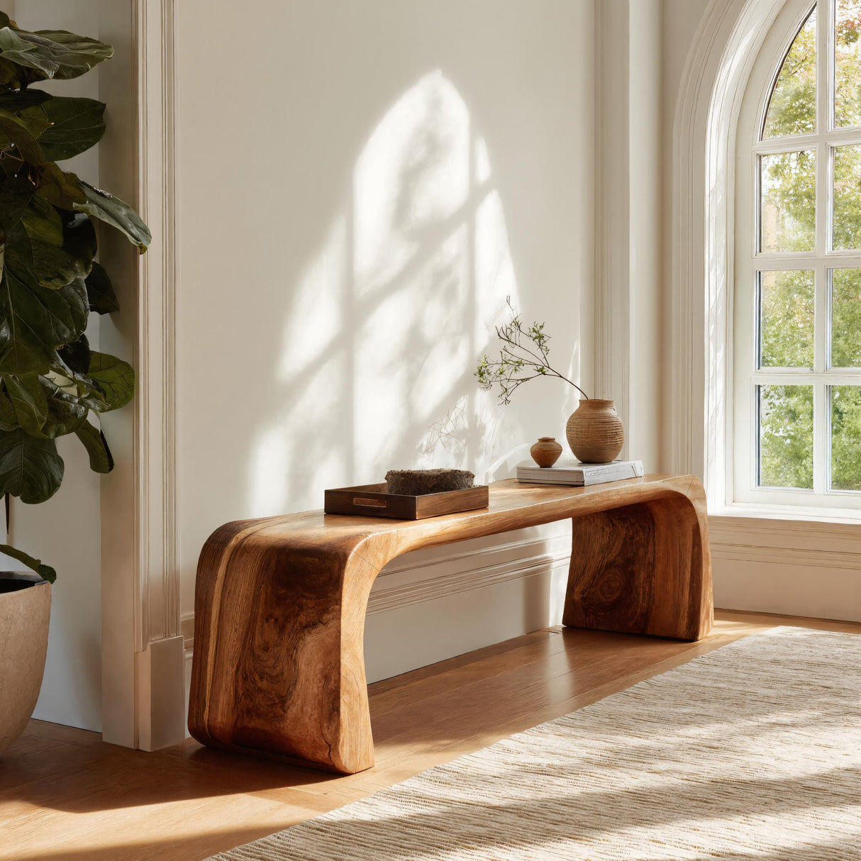 Contemporary Wood Curved Bench For Entryway Or Living Room