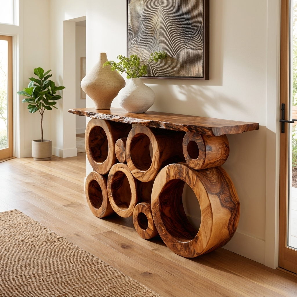 Wooden Console Table With Multiple Round Blocks Base For Hallway