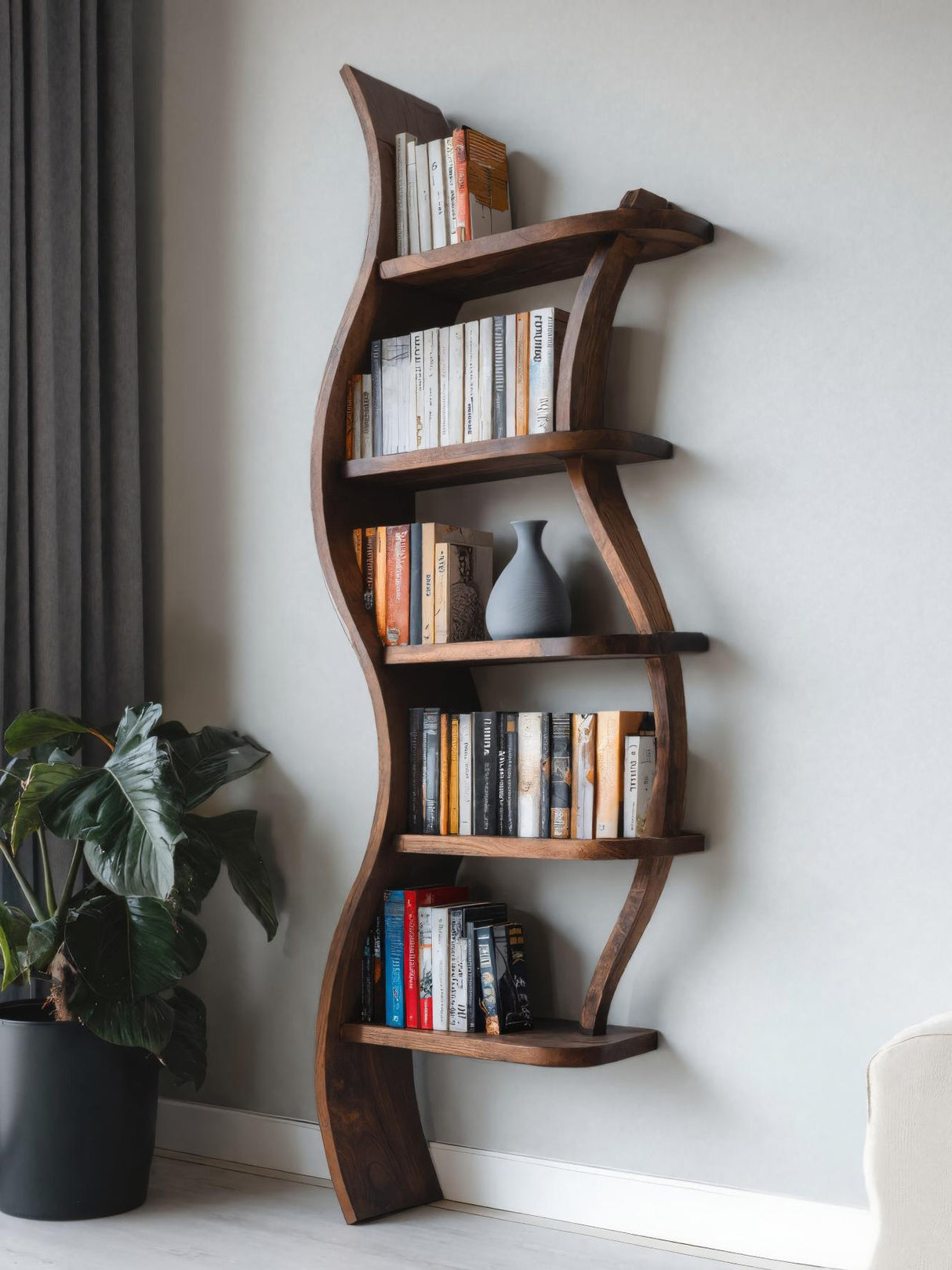 Modern Sculptural Bookshelf With Curved Design For Living Room