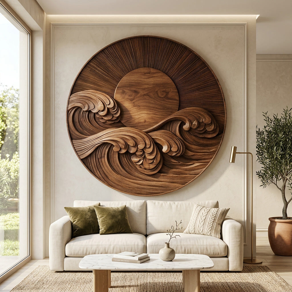 Modern Coastal Round Wave Wood Wall Art For Home