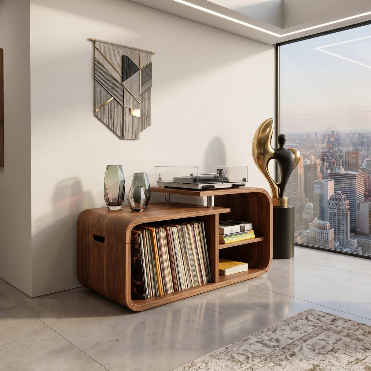 Contemporary Curved Record Player Stand Urban Penthouse