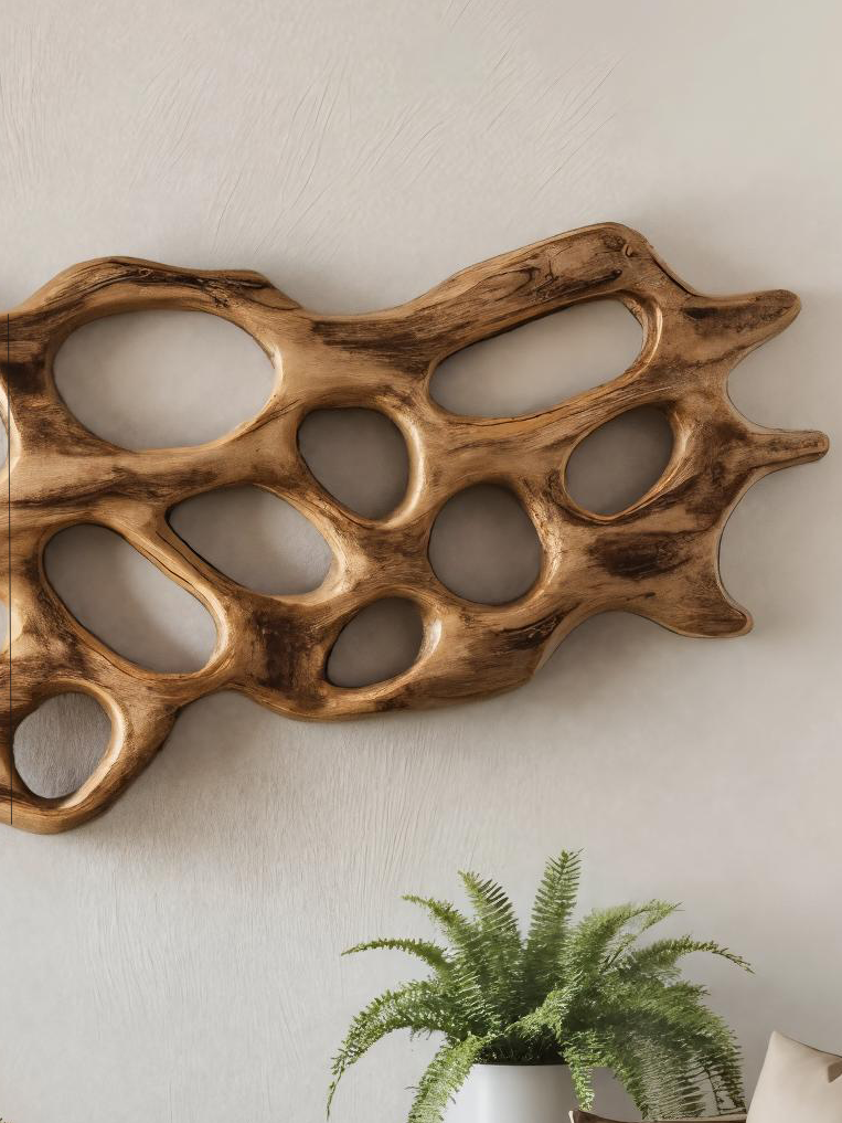 Organic Wall Art Sculpture With Abstract Carving For Living Room