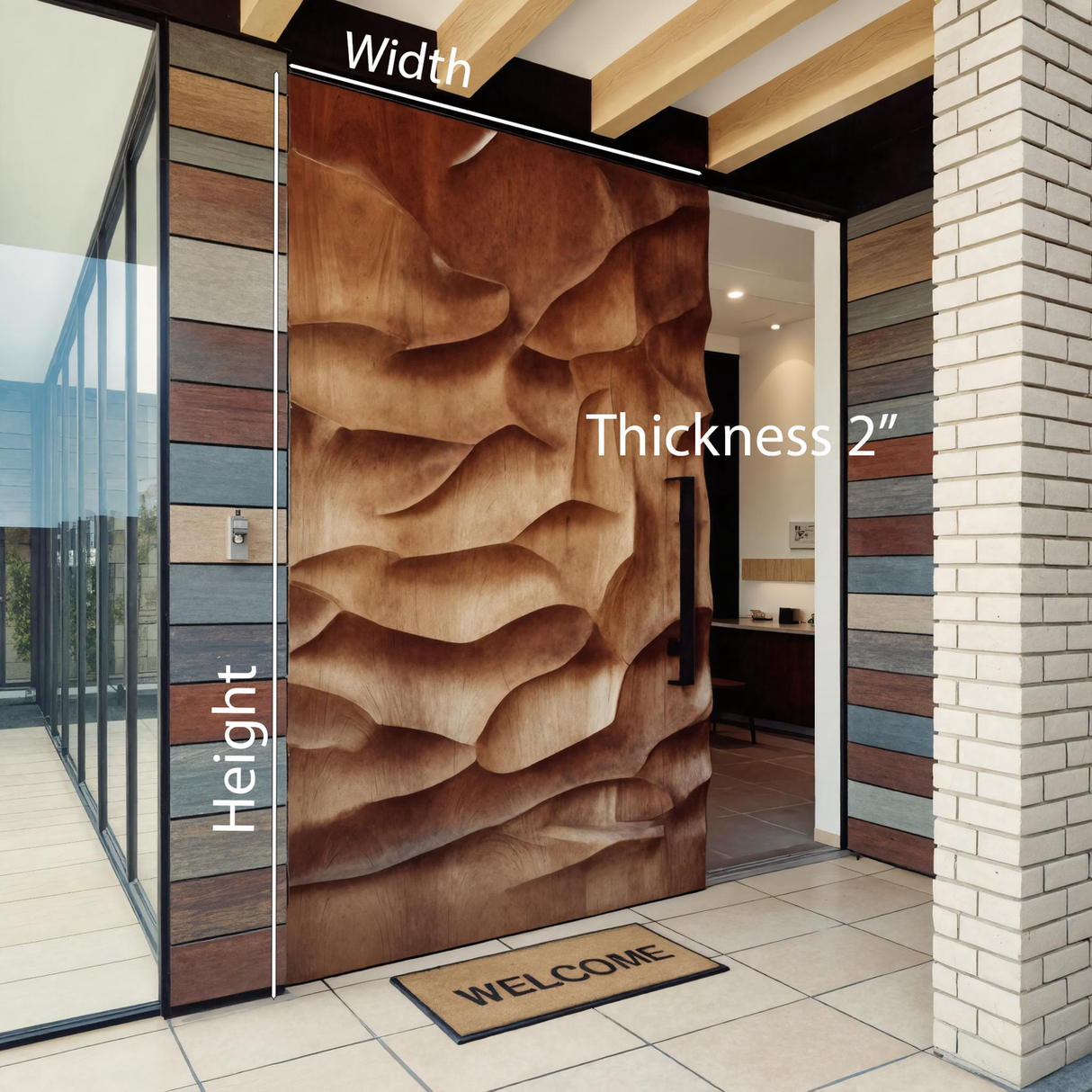 Modern Sculptural Carved Door With 3D Wave For Entryway Or Foyer