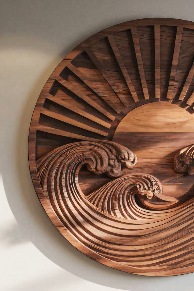 Round Wall Art With Carved Sun And Waves For Bedroom