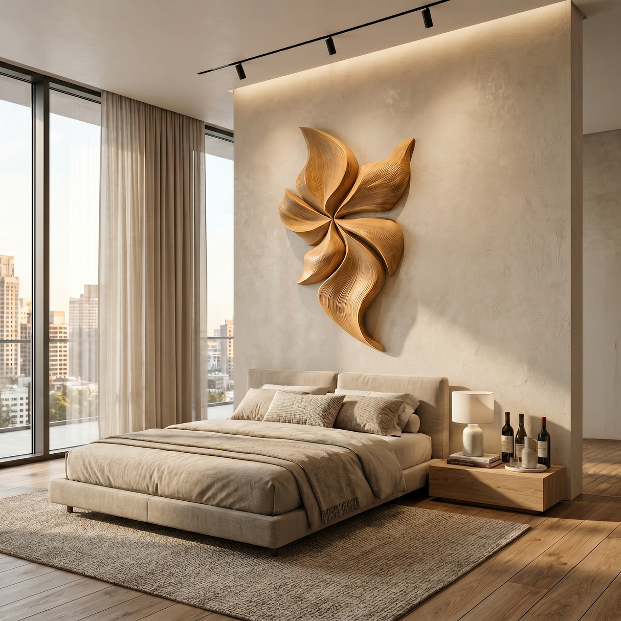 Modern Wooden Wall Art With Floral Inspired Sculpture For Living Room