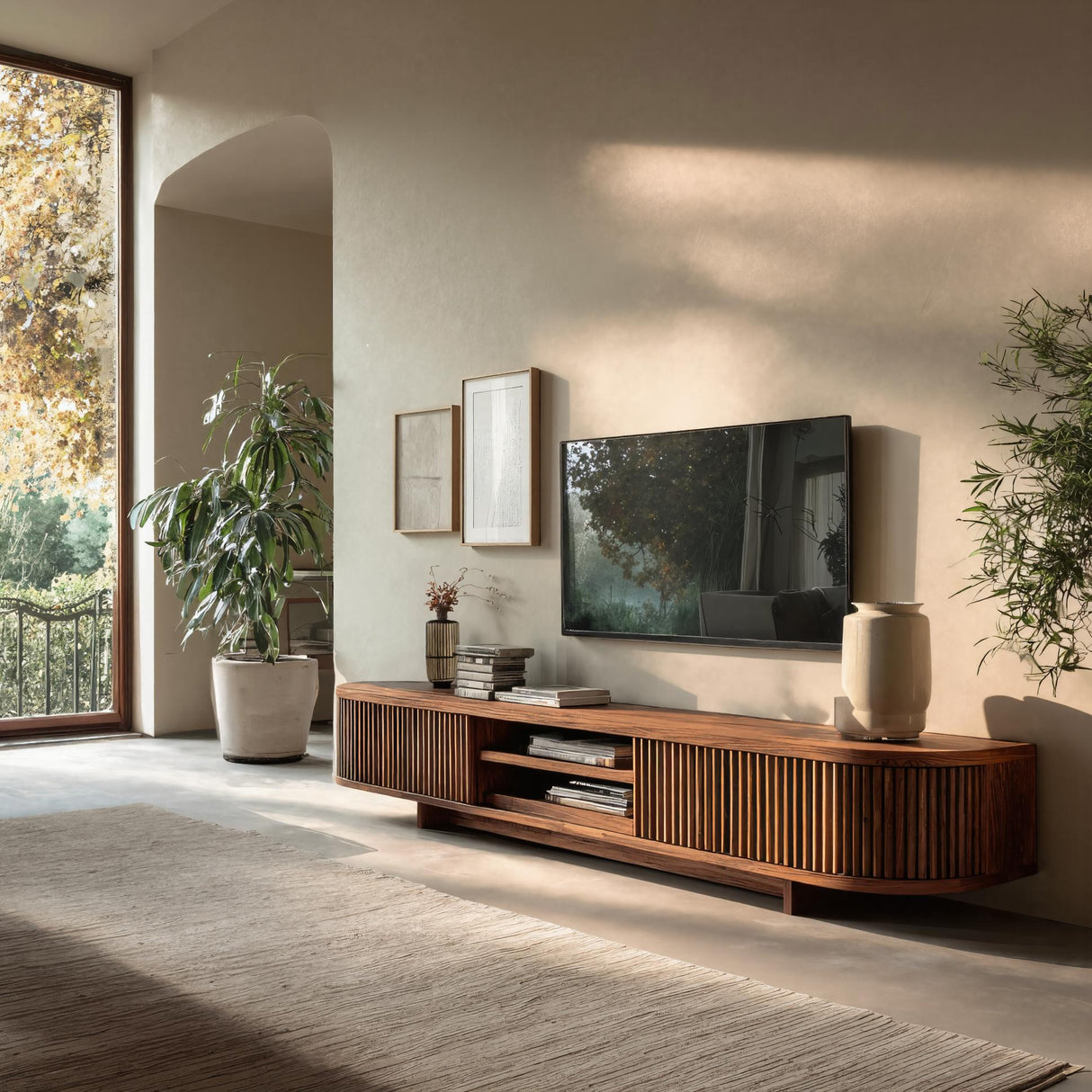 Hand Carved Wooden Media Cabinet For Living Room
