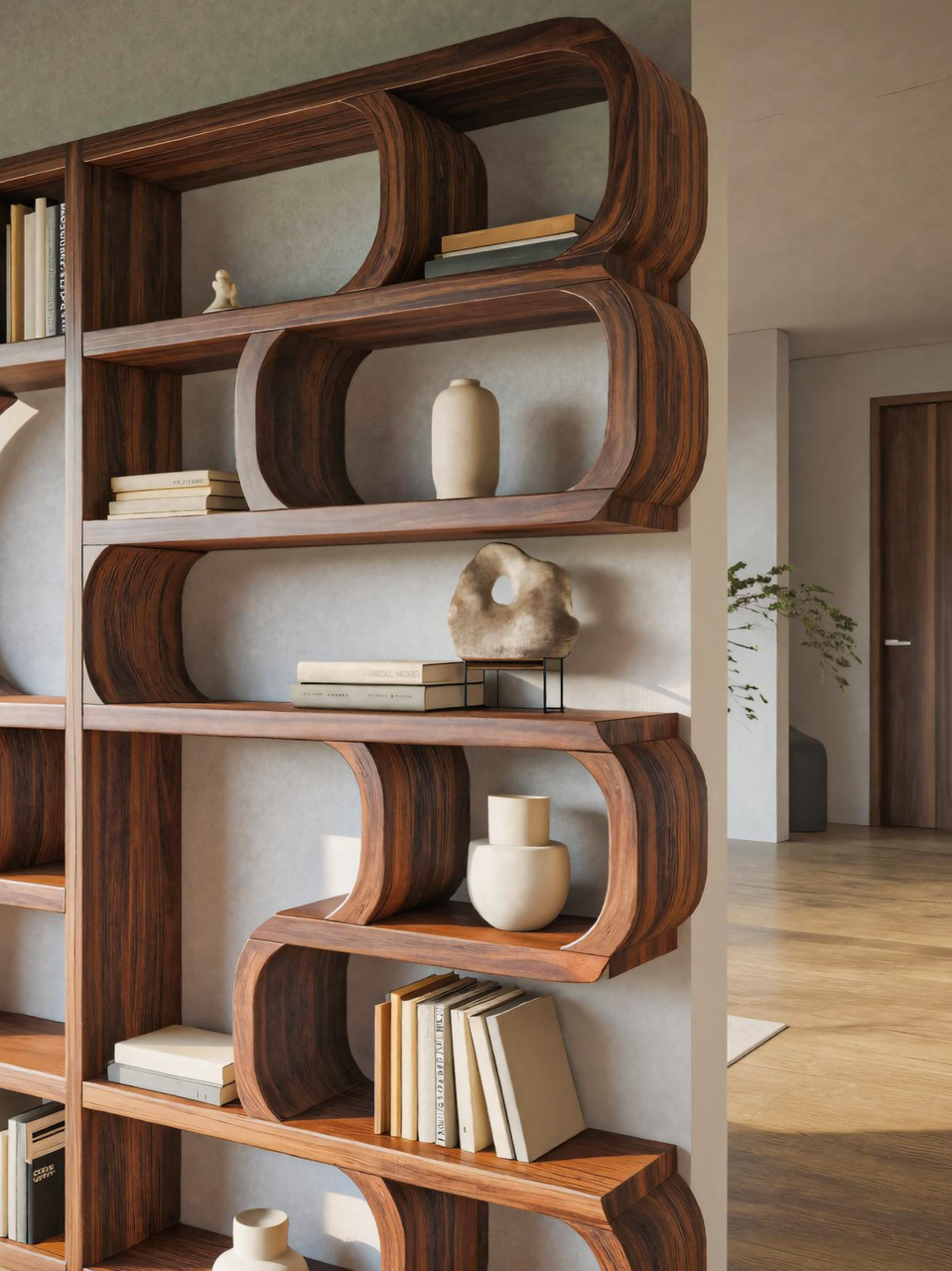 Modern Sculptural Bookshelf With Symmetrical Curves For Living Room Or Office