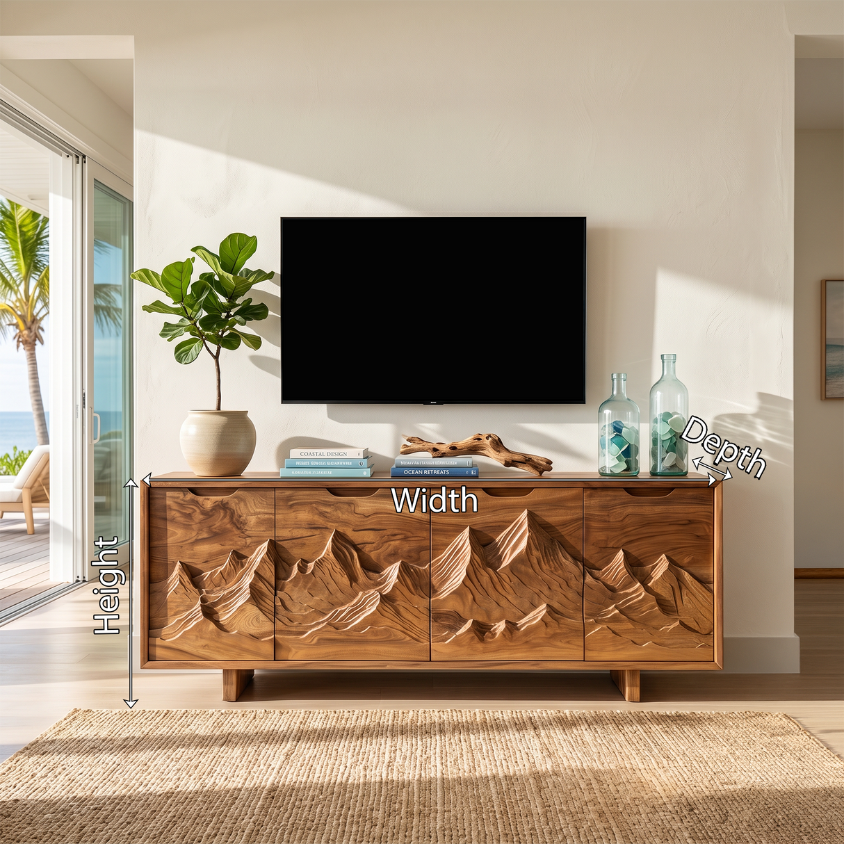 Mountain Carved Media Console For Rustic Living Room