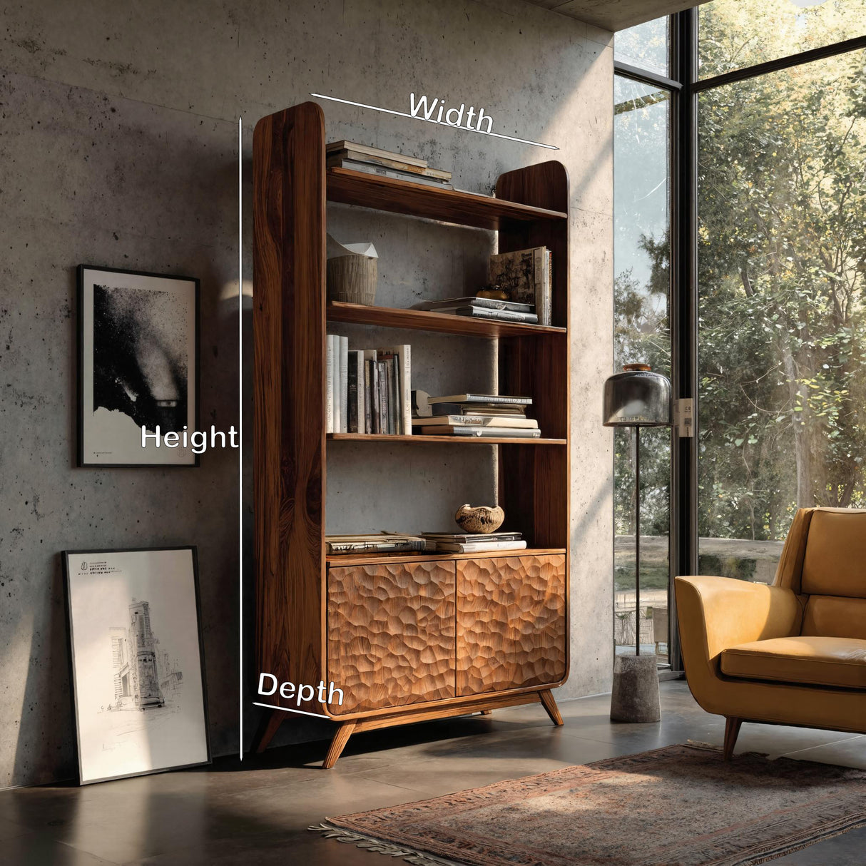 Luxury Solid Wood Bookshelf With Sculpted Door Panels