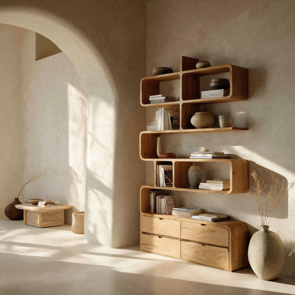 Minimalist Bookshelf With Curved Lines And Storage For Living