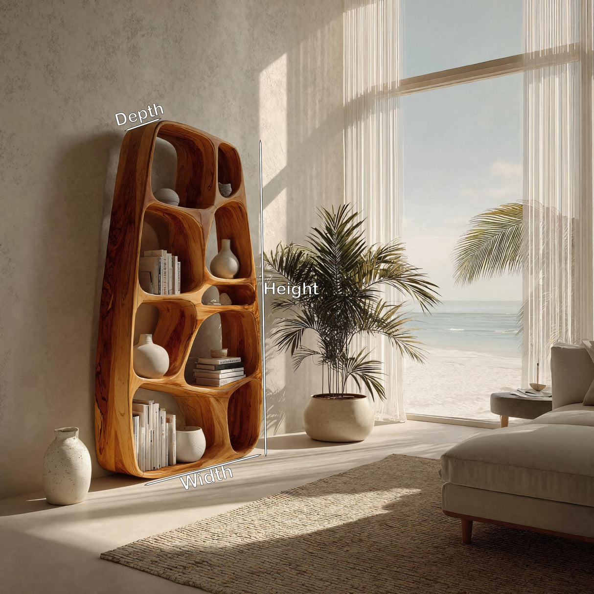 Handcrafted Wooden Sculptural Bookshelf For Living Room