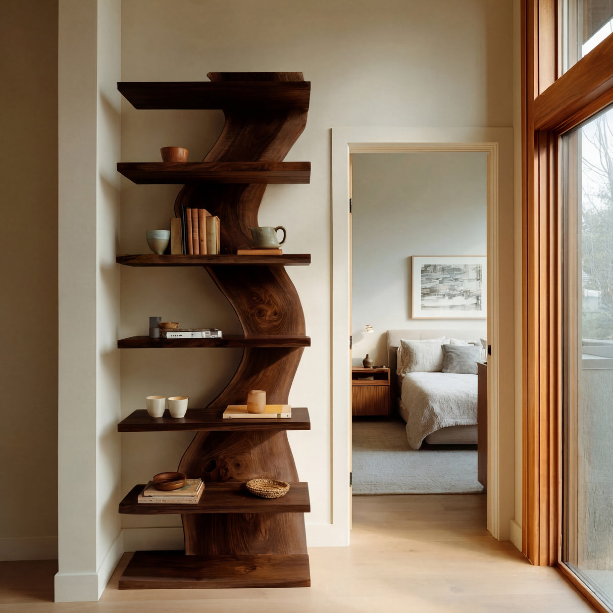 Organic Modern Wood Standing Shelf For Living Room