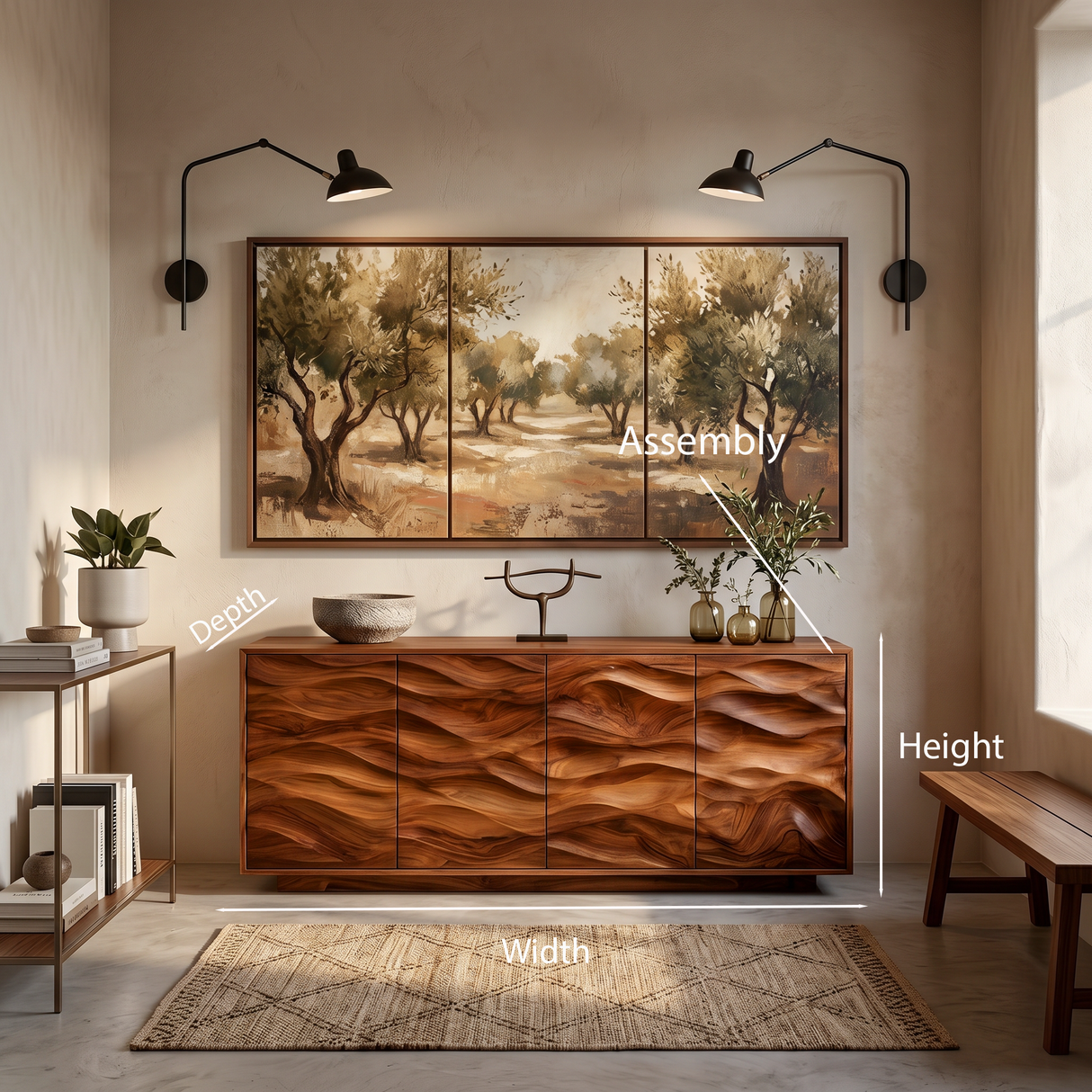 Minimalist Wooden Wave Carved Sideboard For Home