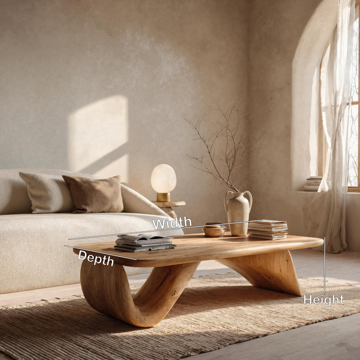 Organic Wood Coffee Table With Sculpted Curved Base For Living