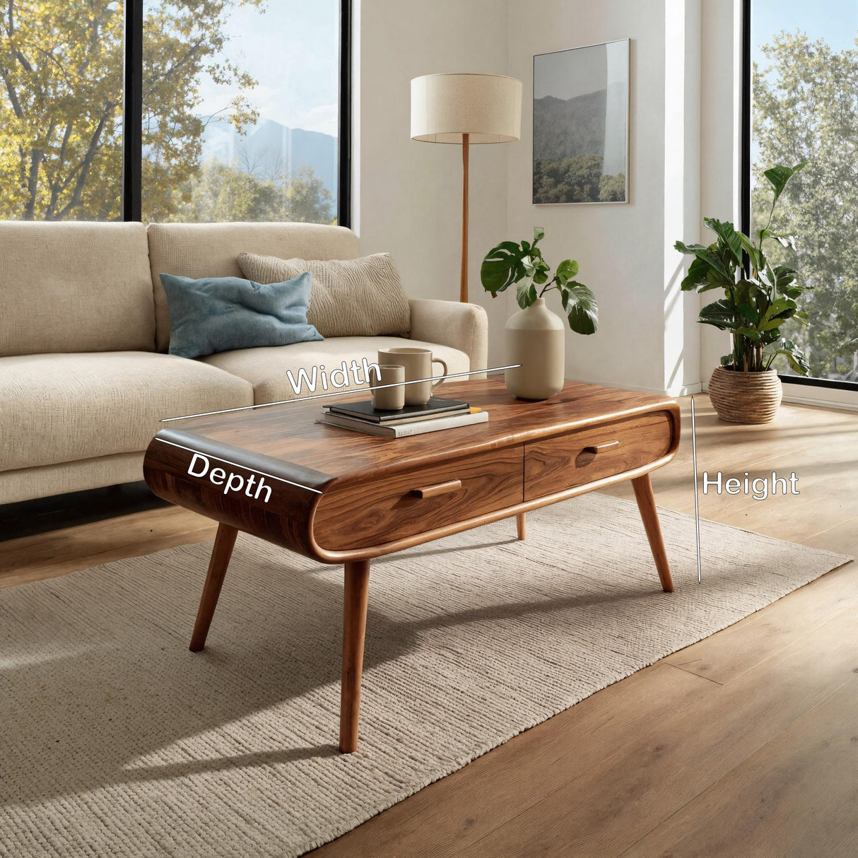 Mid Century Wood Coffee Table With Tapered Legs For Interior