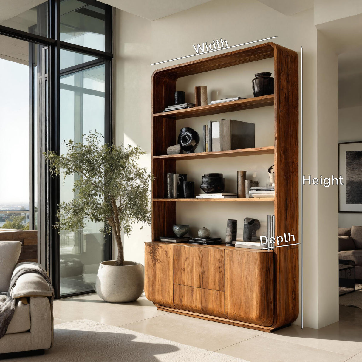 Modern Curved Frame Wood Bookshelf With Cabinets